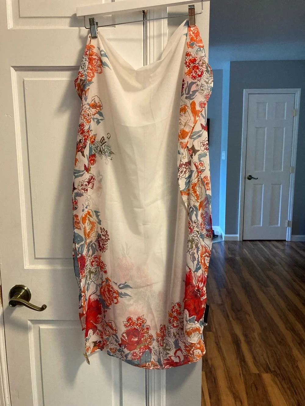 Cottage core Vintage Avon White sheer scarf with Orange & Red Floral Print